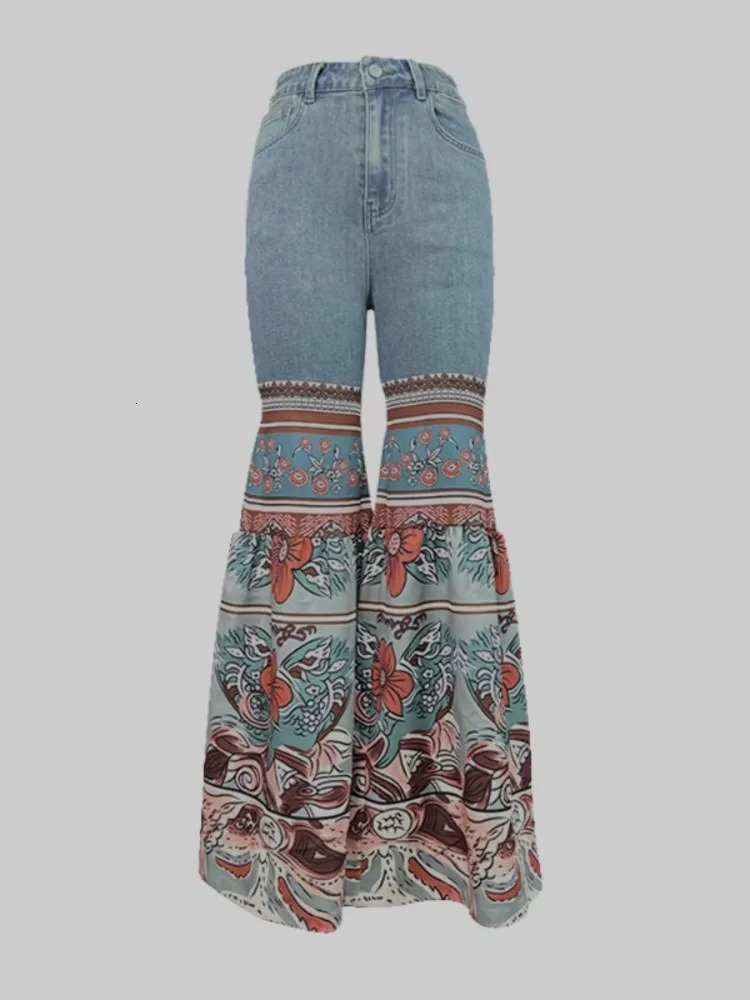 Female Vintage Floral Printed Patchwork Jeans Women High Waist Slim Fit Casual High Street Flared Pants Trousers 250425