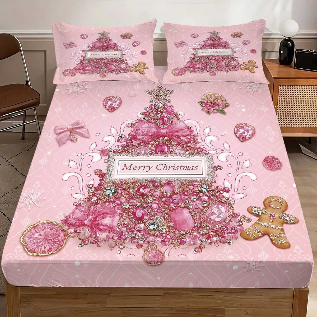 Christmas 3pcs pink romantic Christmas tree print coreless bed sheet set multiple size bed covers bedroom bedding holiday decorations Y251126