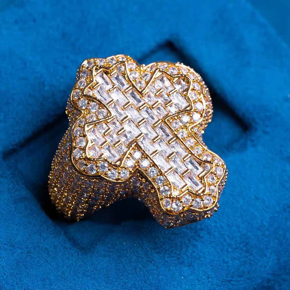 SPARKS VISTA Fashionable Iced Moissanite Cross Ring 925 Sterling Silver VVS Diamond Alternative for Certified Hip Hop Jewelry