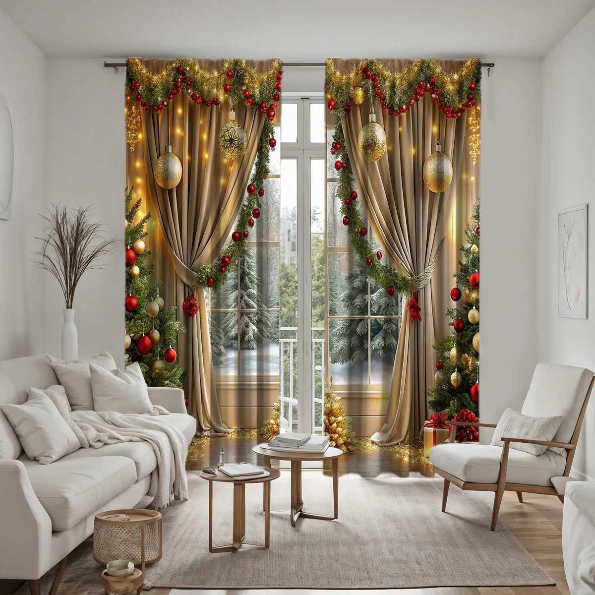 Christmas 2 pieces of HD digital curtain printing simulation valance yellow tie Christmas green latte red balloon home decoration style de Y251126