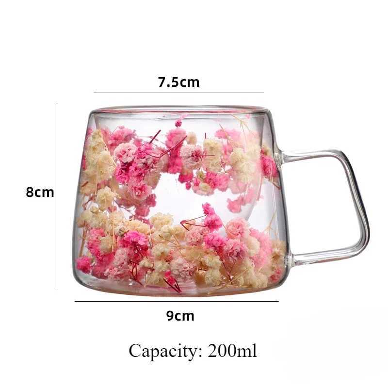 Double Wall Glass Cup 200ml Clear Flowers Pattern Milk Tea Coffee Mug with Handle Gifts Friends Home Water Cup Drinking Glasses C251126
