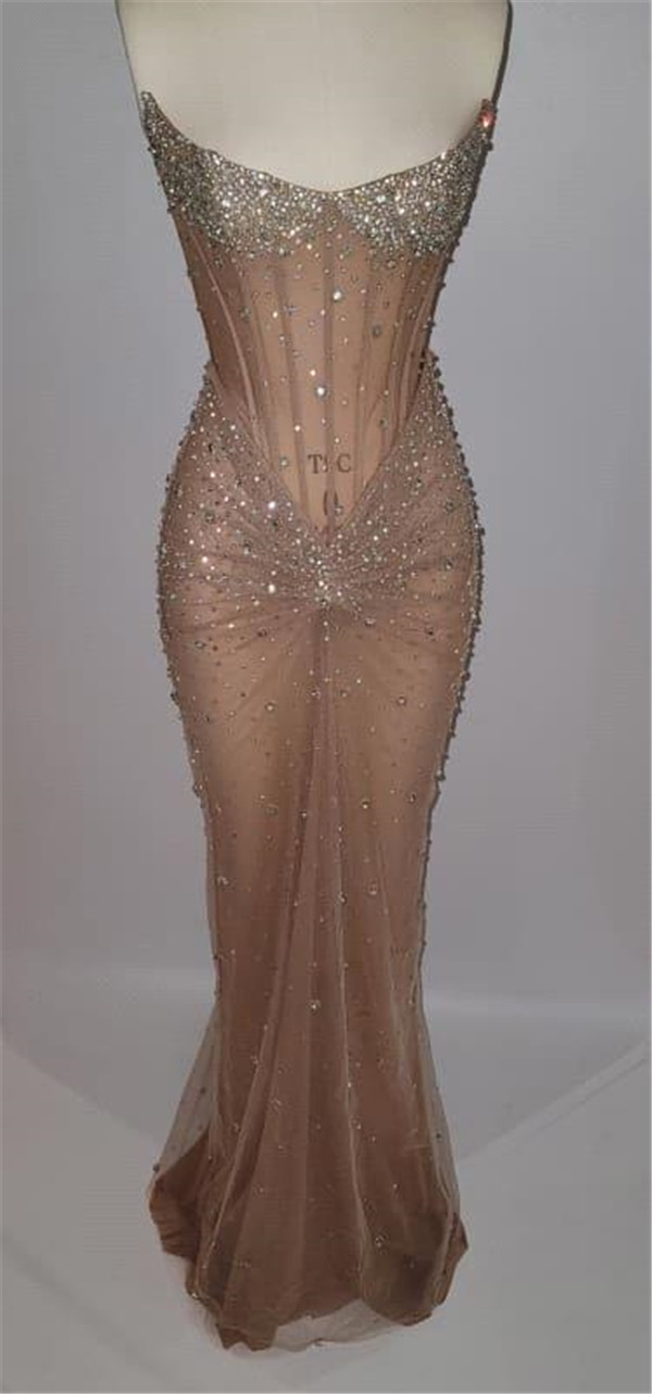 Gorgeous Dark Champagne Evening Prom Dresses Sexy Strapless Beads Crystals Corset Backless Long Vestidos de novia BC20529