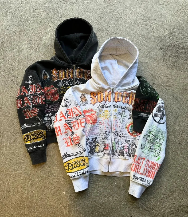 American retro skull graphic zipper mens gothic punk fashion streetwear jacket hip-hop Harajuku Y2K oversized sweatshirt 250422