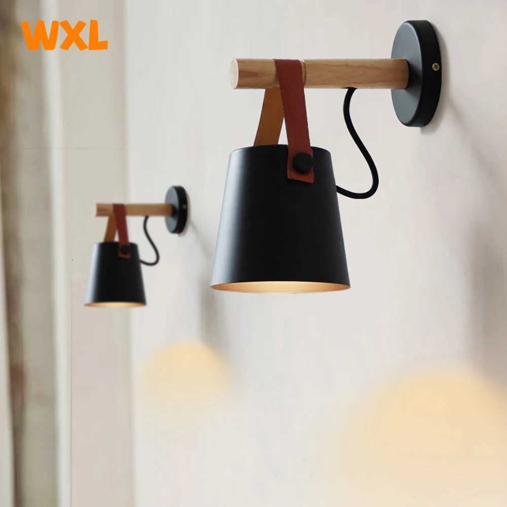 Modern LED Wall Lamp Bedroom Bedside Living Room Nordic Belt Wooden Wall Lamp E27 110-240V Black White M251126