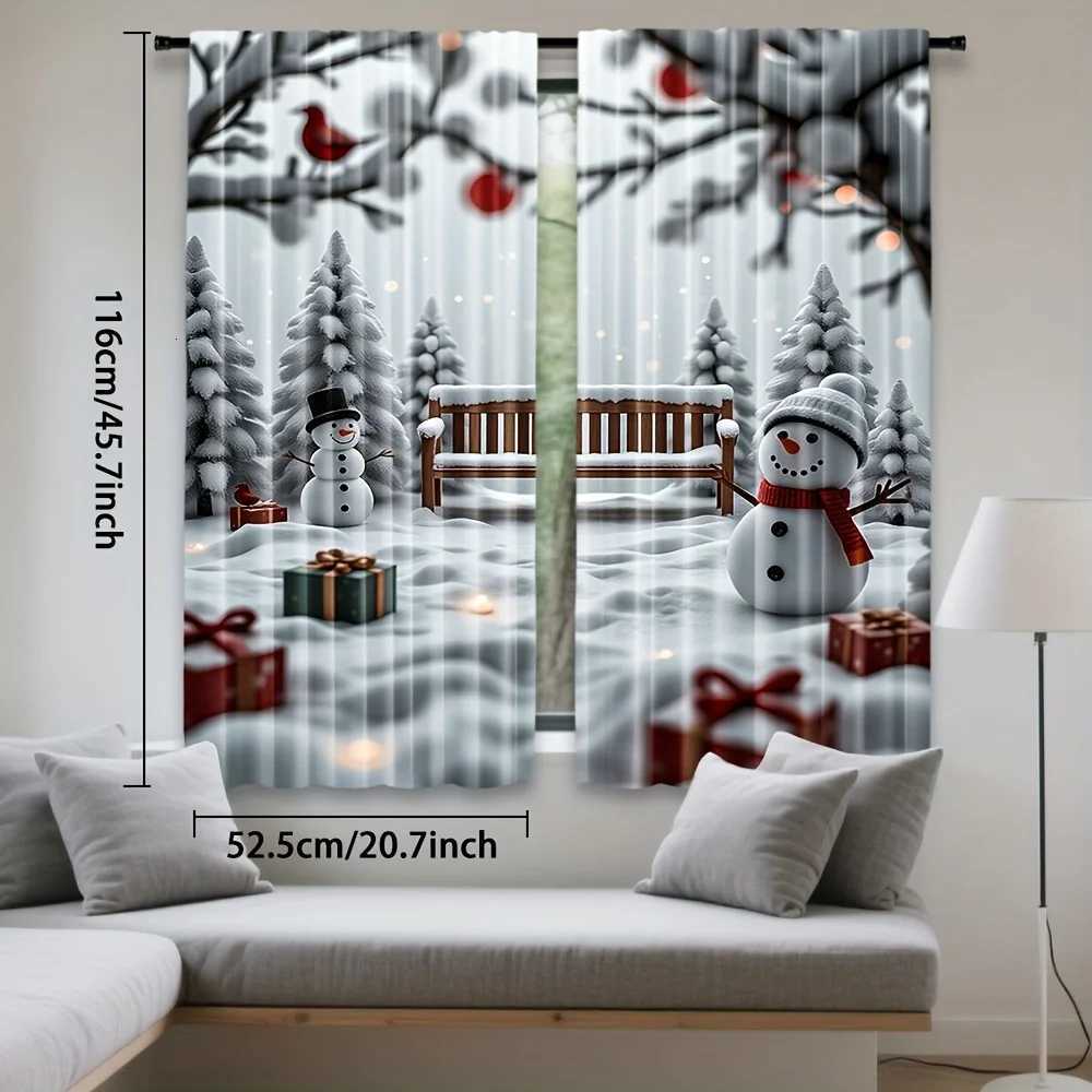Curtain Christmas 2PC Snowman Cardinal Sheer Curtains Light-Filtering Polyester Snowy Forest Print Rod Pocket Top All-Season Holiday Decor Y251126