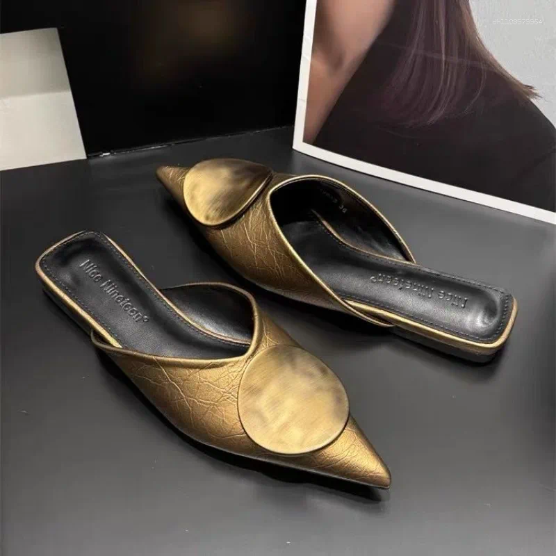 Sandals Women Slippers Designer Flat Summer 2025 Slides Non-slip Metallic Color Fashion Footwear Brand Pointed Toe Mules Ladies