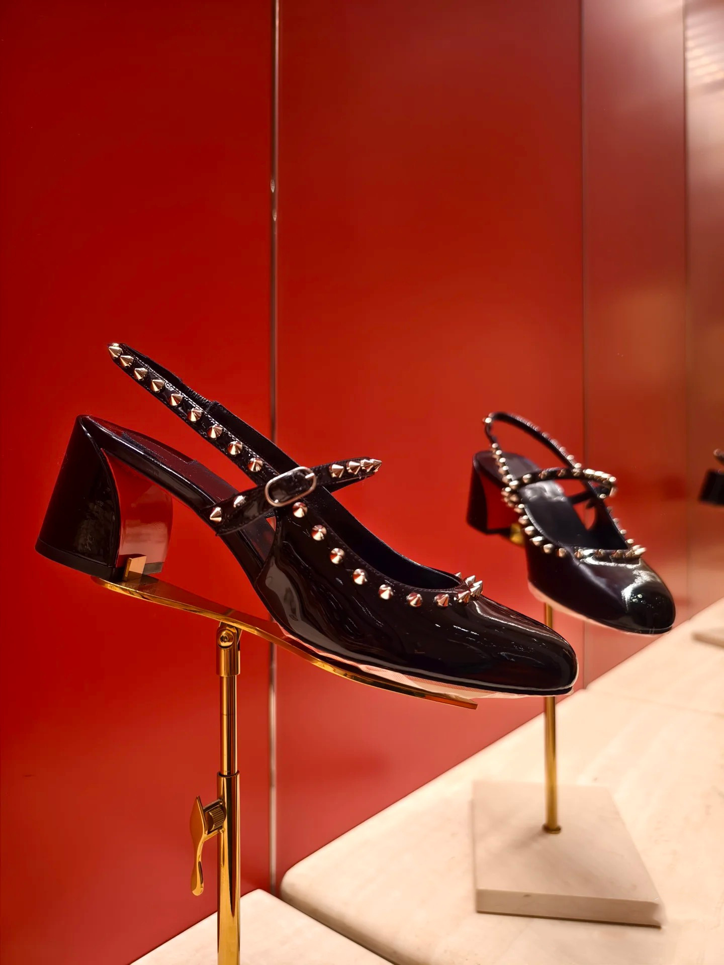 Women's Black Patent Leather Studded Mary Jane Slingback Block Heel Sandals, Edgy Evening Party Footwear---168-12