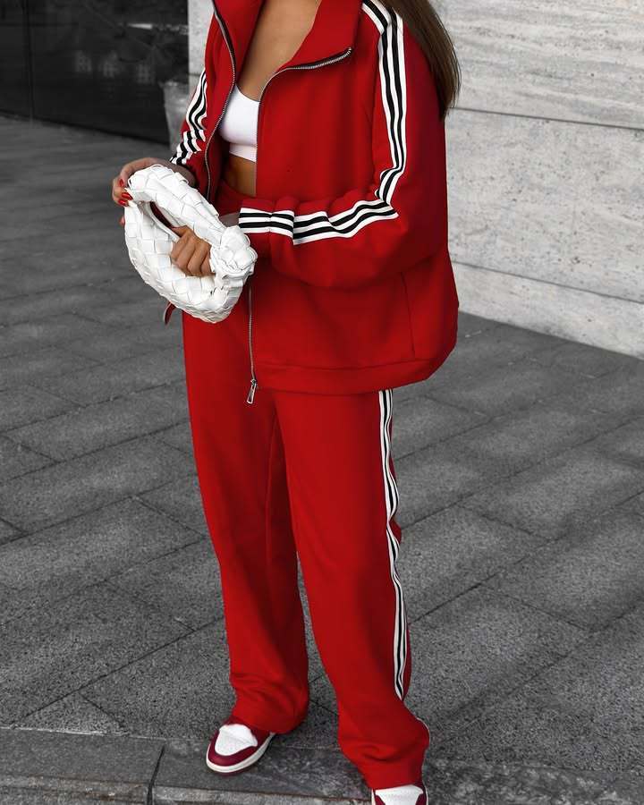 BOOFEENAA Spring 2020 Casaul Tracksuit Women 2 Piece Set Top And Pants Satin Striped Patchwork Zipper Sexy Sweatshirt Sweat Suit CX200707