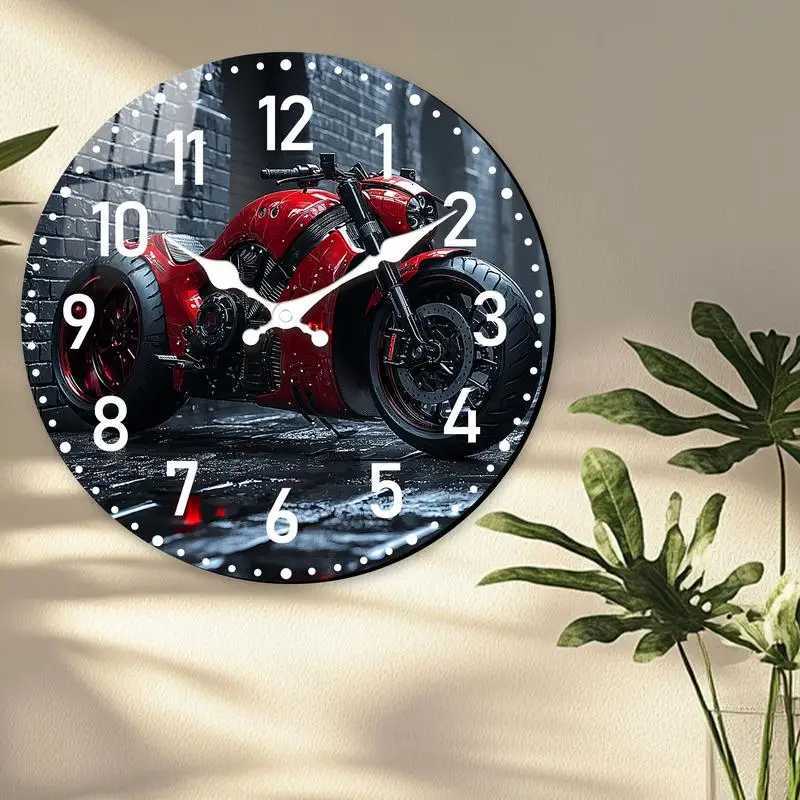 Red motorcycle against brick wall Quartz round Analog Wooden Silent Wall Clock original Perfect Christmas gift for friends C251126