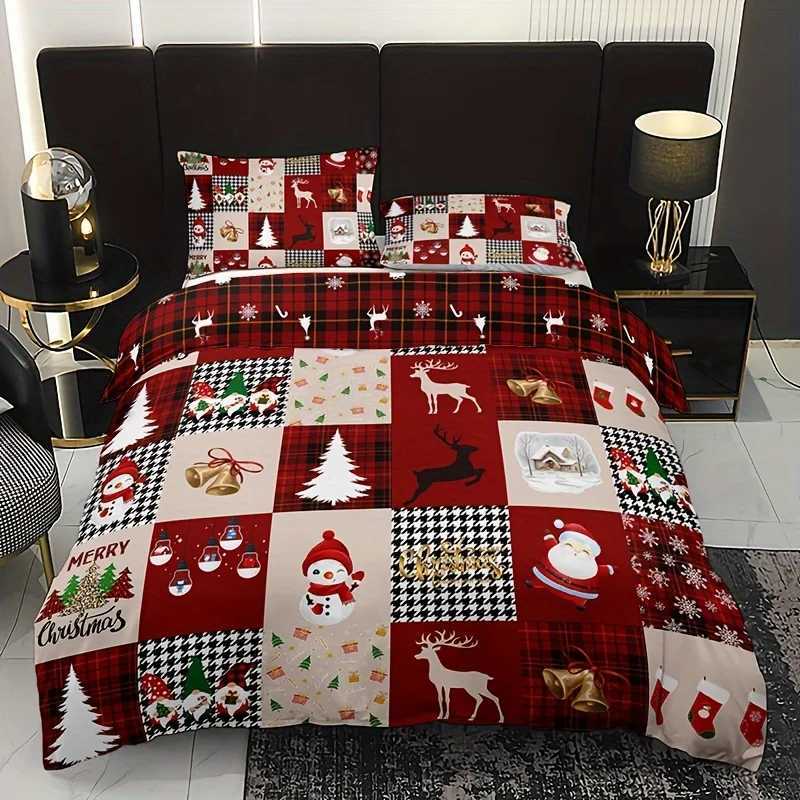 Christmas Breathable Polyester Christmas Reindeer Plaid Duvet Cover Set Includes 1 Duvet Cover and 2 Pillowcases Perfect for All Seasons Y251126
