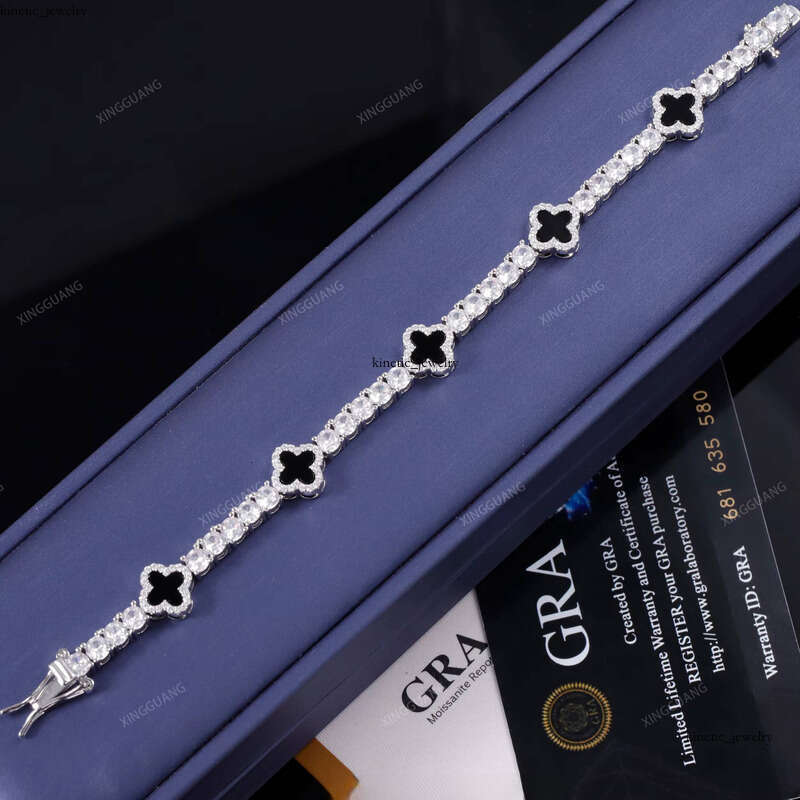 GRA Certificate Hip Hop 925 Sterling Silver Natural Agate 3mm 4mm 5mm VVS1Moissanite Diamond Clover Bracelet Tennis Chain