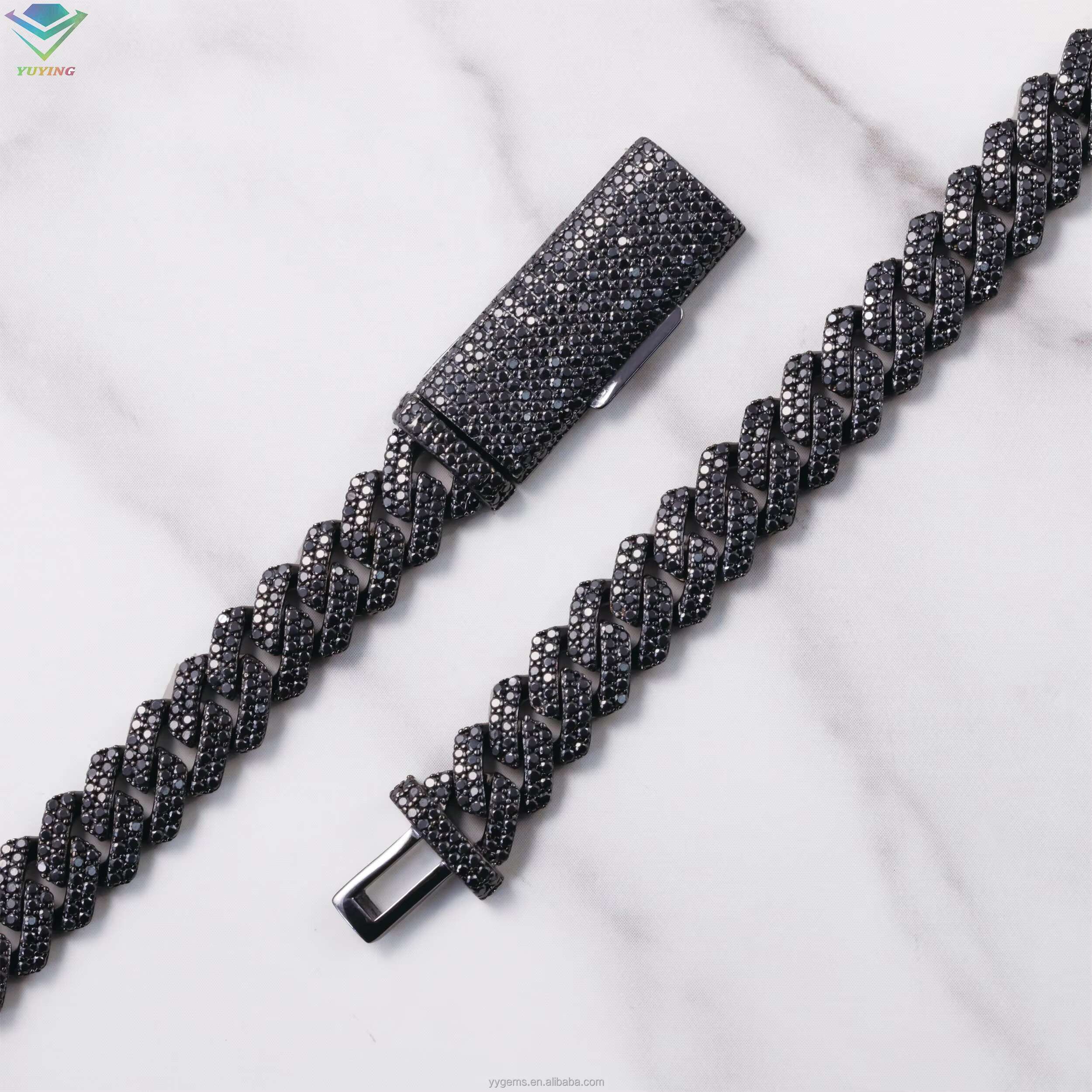 VVS Black Diamond 2rows 10mm 12mm S925 Silver Hip Hop Necklace For Men Black Moissanite Cuban Link Chain For Fashion Jewelry
