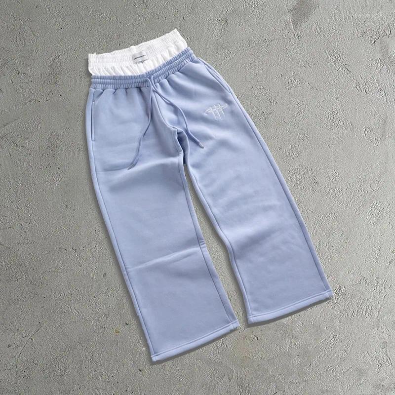 Men's Pants Casual Double Waist Head Fake Two Pieces Loose Straight Pant Hip-hop Fashion Street Sport Couple Embroidery Pattern Jogging Men'