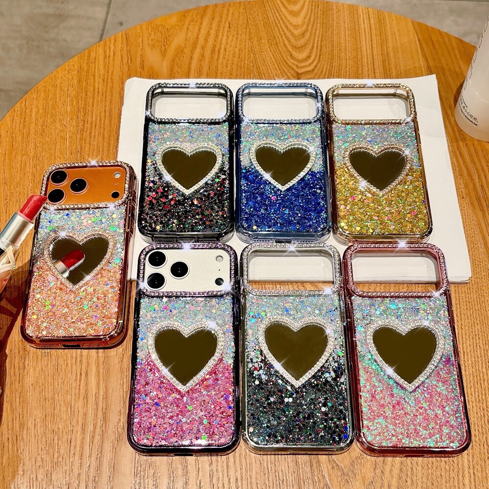 Gradient Glitter Phone Case Suitable for iPhone 17 Pro Max Heart Mirror Shockproof Cover iPhone 16/15/14 Pro