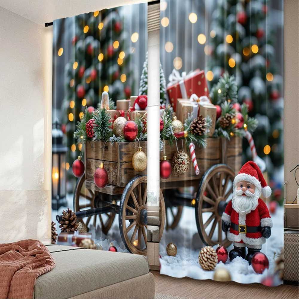 Curtain Christmas 2D flat printing 2pcs Christmas Hot Curtains Christmas red gift wagon Digital Printed Polyester Drapes Family Party Decoration Y2511