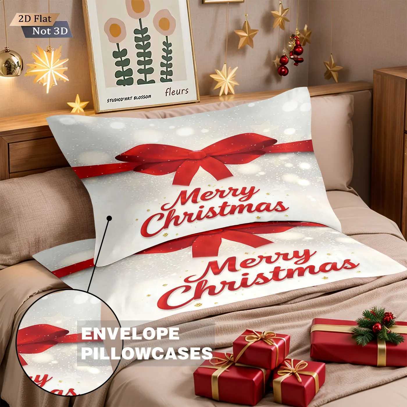 Christmas 3pcs Merry Christmas Red Bow Printed Chipless Bedding Set Multi Size Bedroom Bedding Holiday Decoration Machine Washable Y251126
