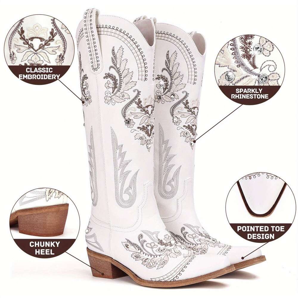 Cowboy For Women Wide Calf Sparkly Cowgirl Women Knee High Western Rhinestone Boots, Glitter Sparkle Ladies Country With Classic Embroidery, Pointed T