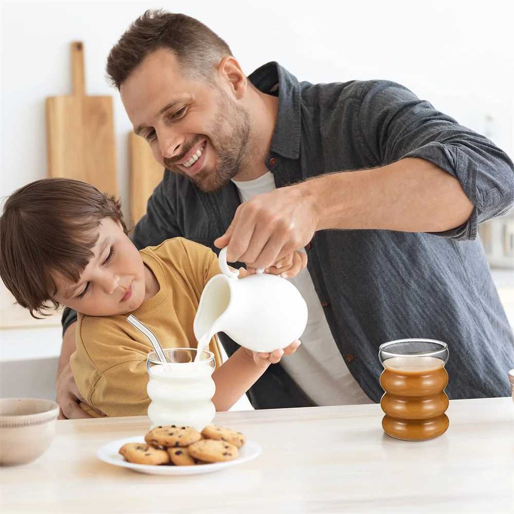 4pcs/Set Glass Cups Coffee Mug Creative Clear Drinking Glasses Ribbed Glassware Cups With Straws Set Cocktail Fruit Glass C251126