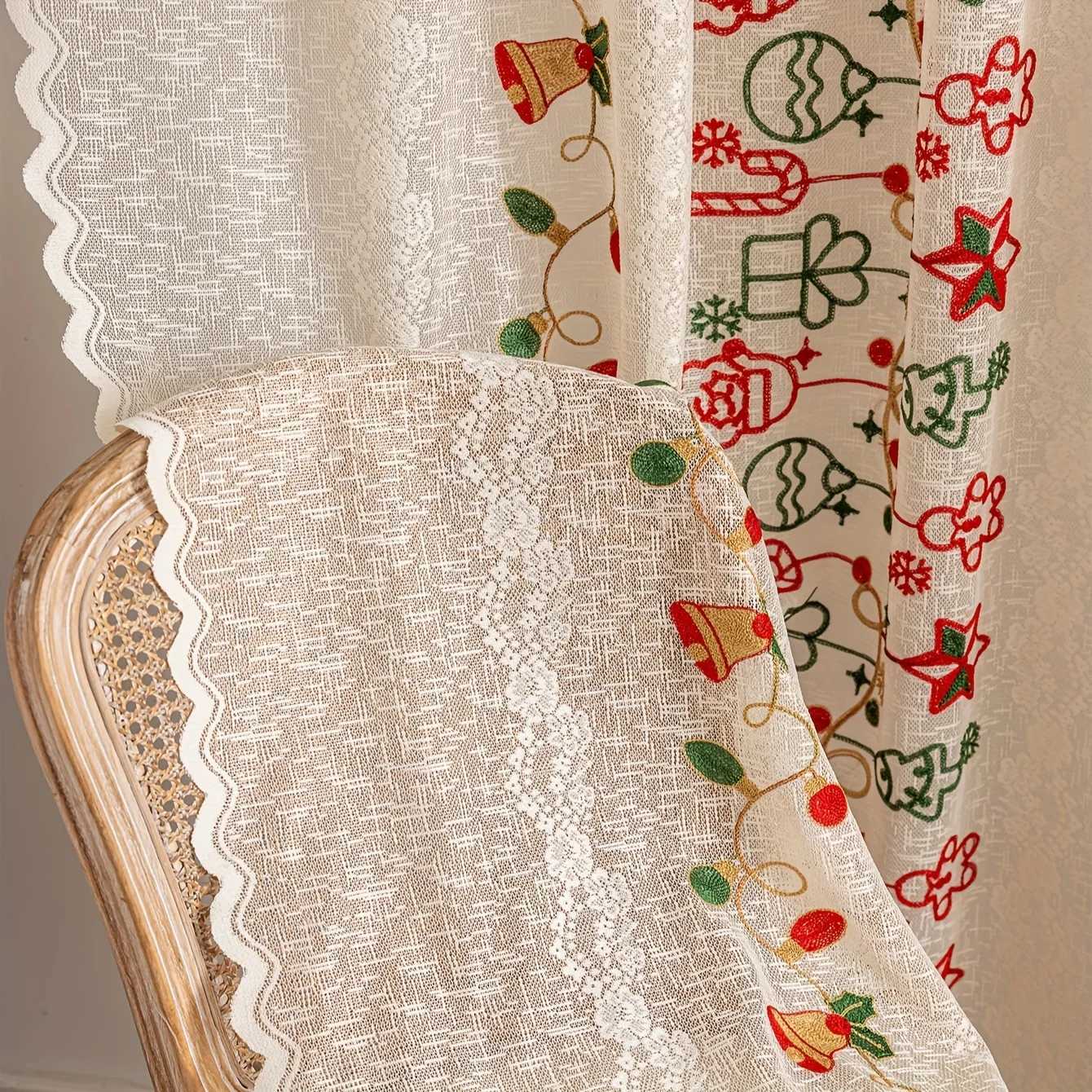 Christmas 1Pc Warp-Knitted Embroidered Santa Claus Bell Christmas Curtain Rod-Top Window Drape Home Decoration 2025 Model Y251126