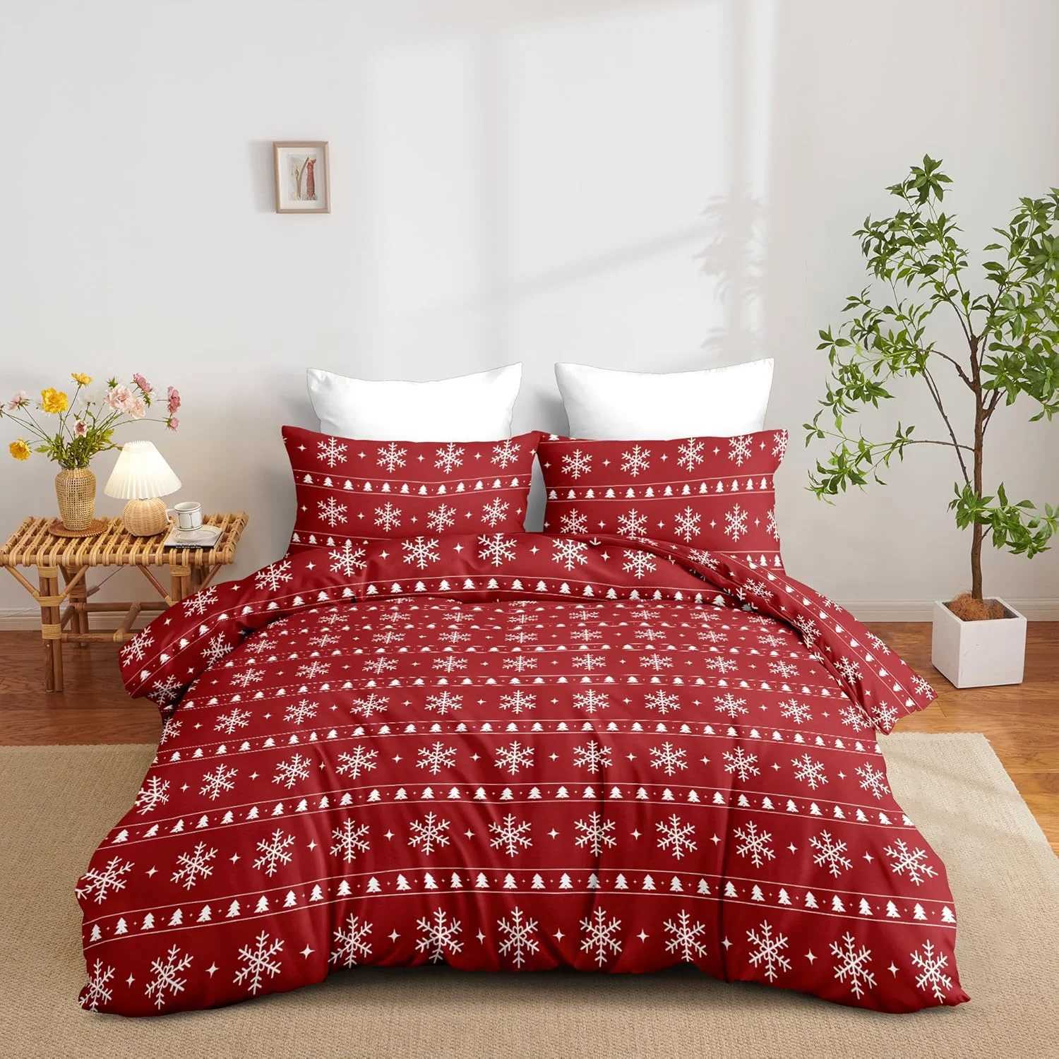 Christmas Christmas Duvet Cover King Holiday Bedding Set Red White Snowflake Christmas Tree Striped Duvet Cover Xmas Theme Bedding Gifts Y251126