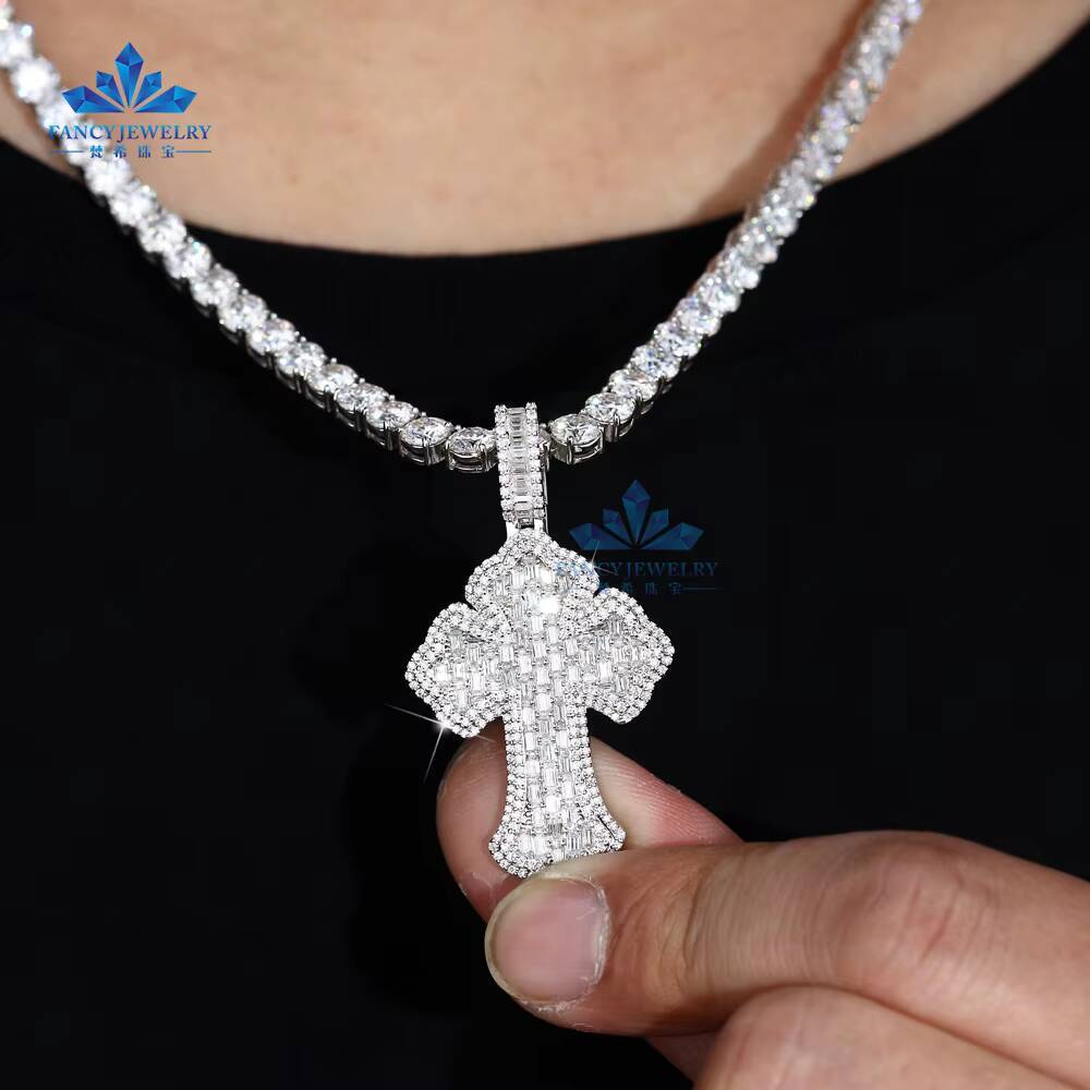 Factory Price 925 Silver Gold Plated Custom Cross Pendant with Brilliant Cut Baguette Cut D VVS Moissanite Hip Hop Mens Jewelry