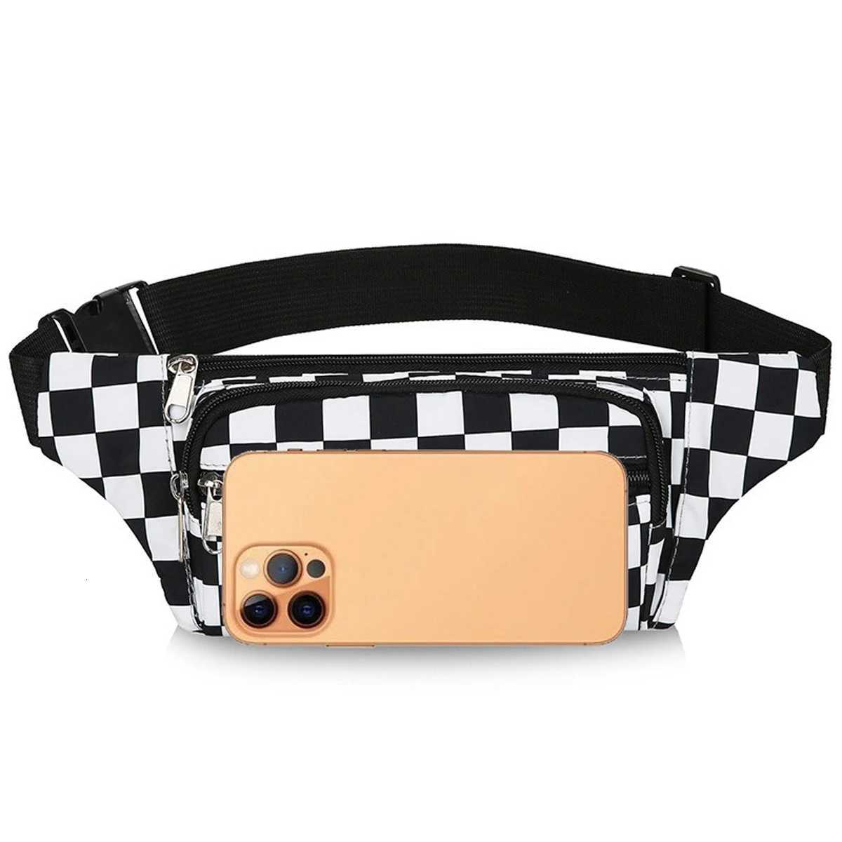 Large Capacity Waterproof Outdoor Sports Waist Bag Mens and Womens Black and White Plaid Mobile Phone Bag Student Waist BagT251126