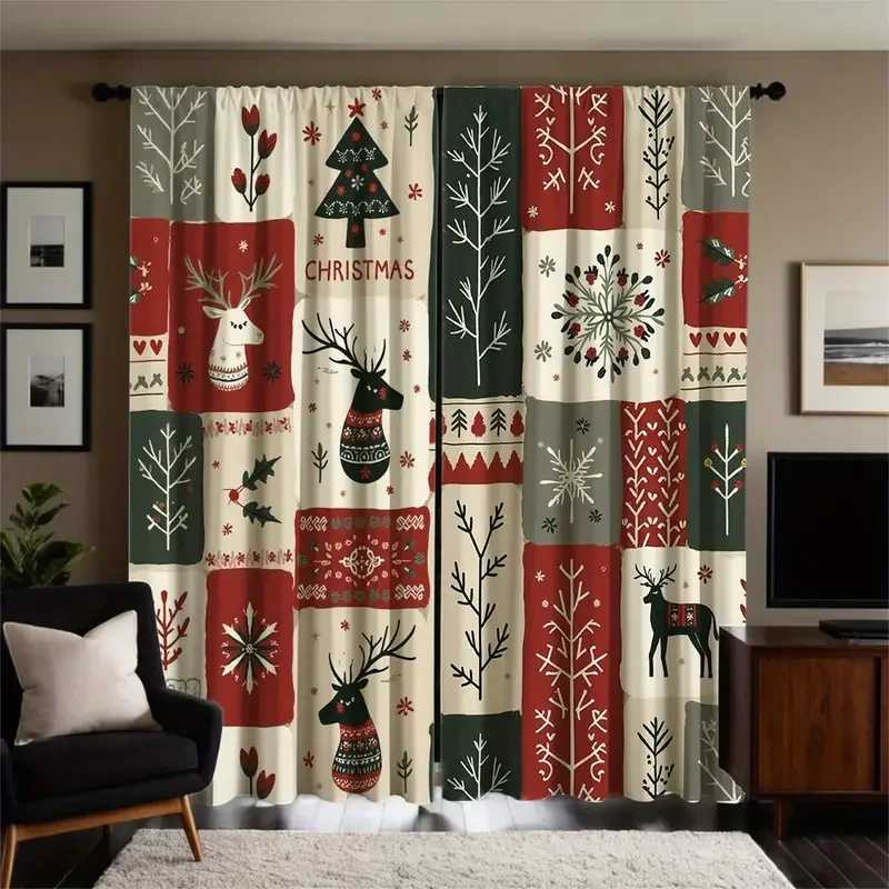 Curtain Christmas 2pcs Cute Patchwork Christmas Pattern Curtains Playful Design Light - Filtering Polyester Curtains for Christmas Home Windows Y25112