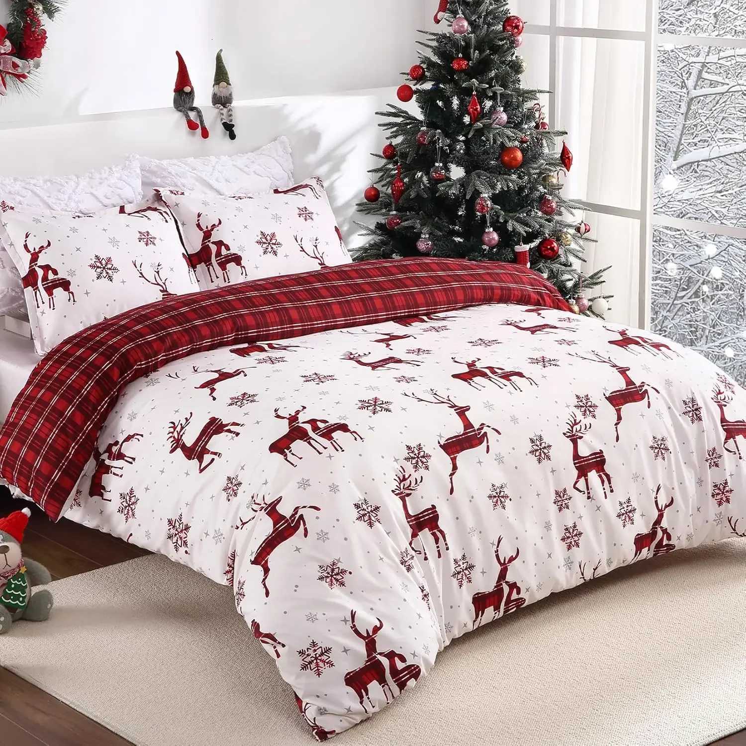 Christmas Merry Christmas Duvet Cover Christmas Elk Snowflakes Red Bedding Set Happy New Year Quilt Cover Holiday Gifts Bedroom Decoration Y251126