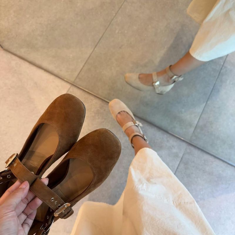 Women's Suede Double Buckle Strap Mary Jane Shoes, Square Toe Block Heel Casual Commute Footwear (Beige/Brown)---168-9