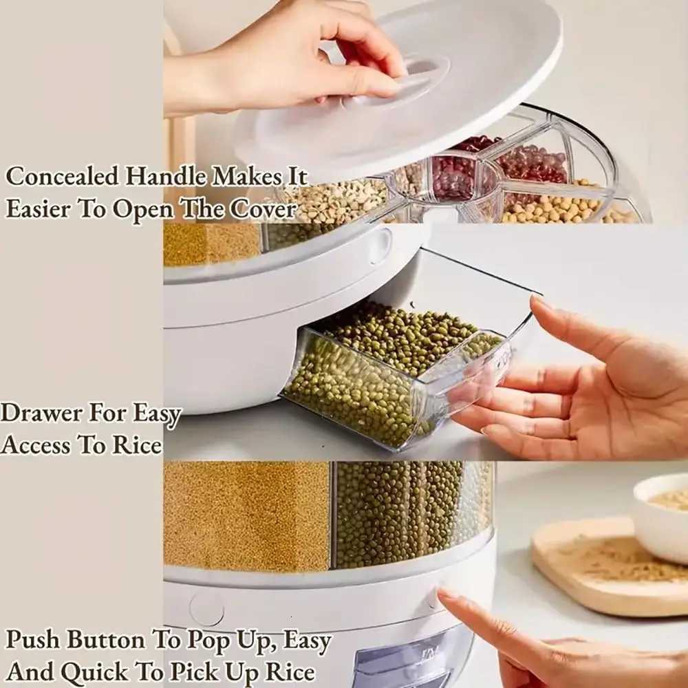 360 rotating food dispenser One-Click Output rice Storage Round Grain Dispenser Kitchen for Grains Beans Rice Y251126