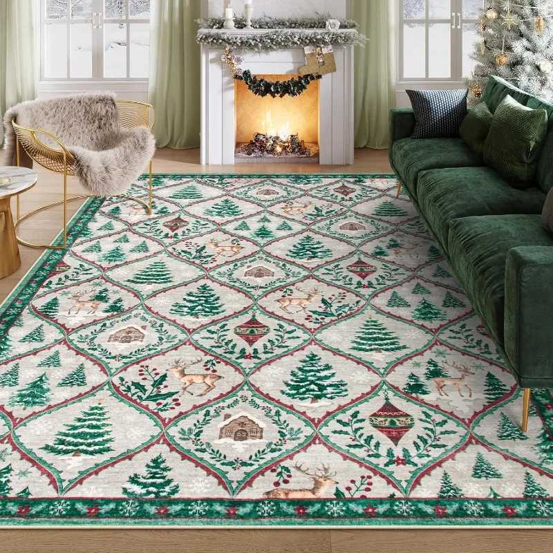 Christmas Carpet Christmas Tree Reindeer Diamond Grid Print Large Carpet Easy To Maintain Dirt Resistant Home DecorationM251126