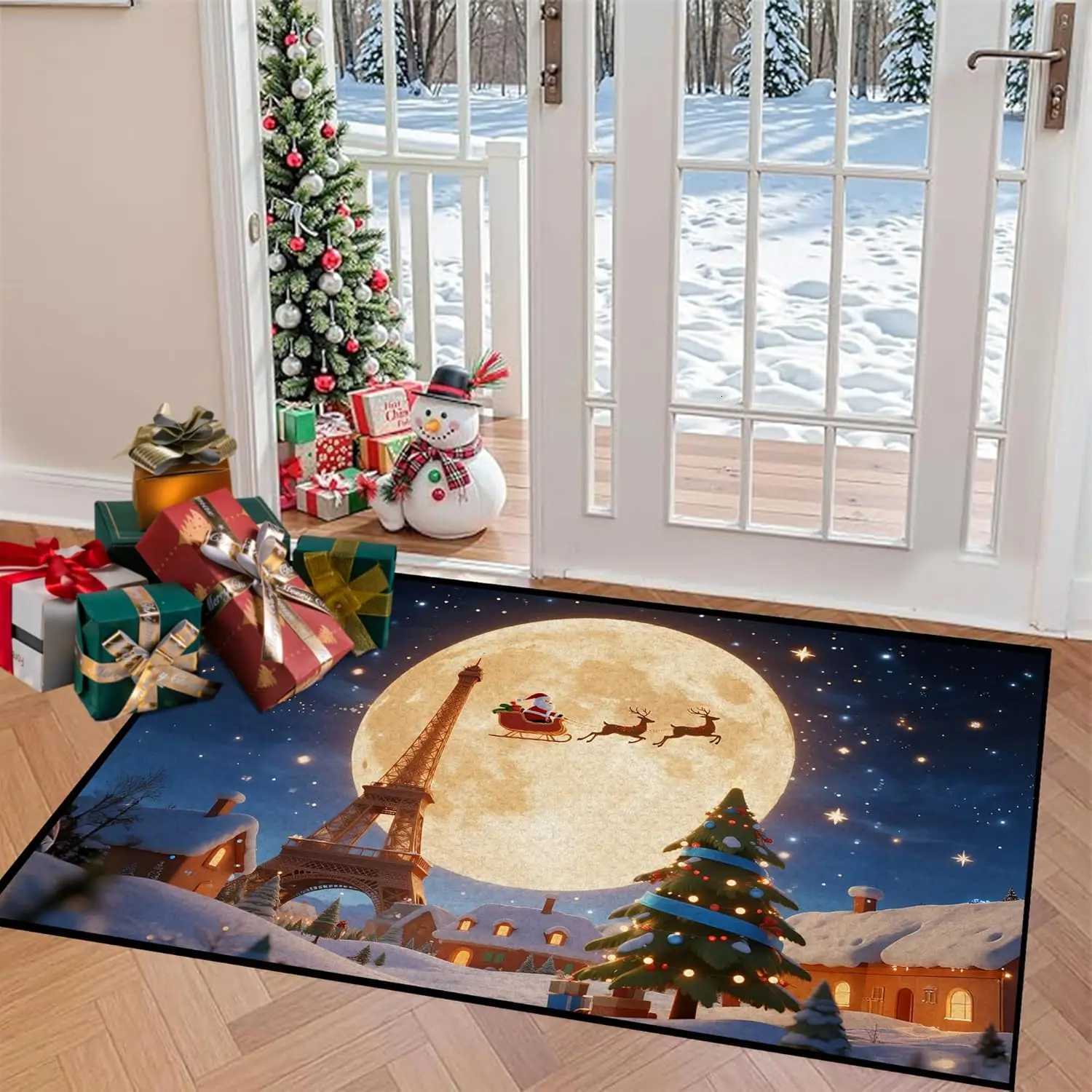 Christmas Rugs for Bedroom Santa Claus Holiday Decor Area Rugs with Eiffel Tower Xmas Kitchen Rug Romantic Night Santa ClausM251126