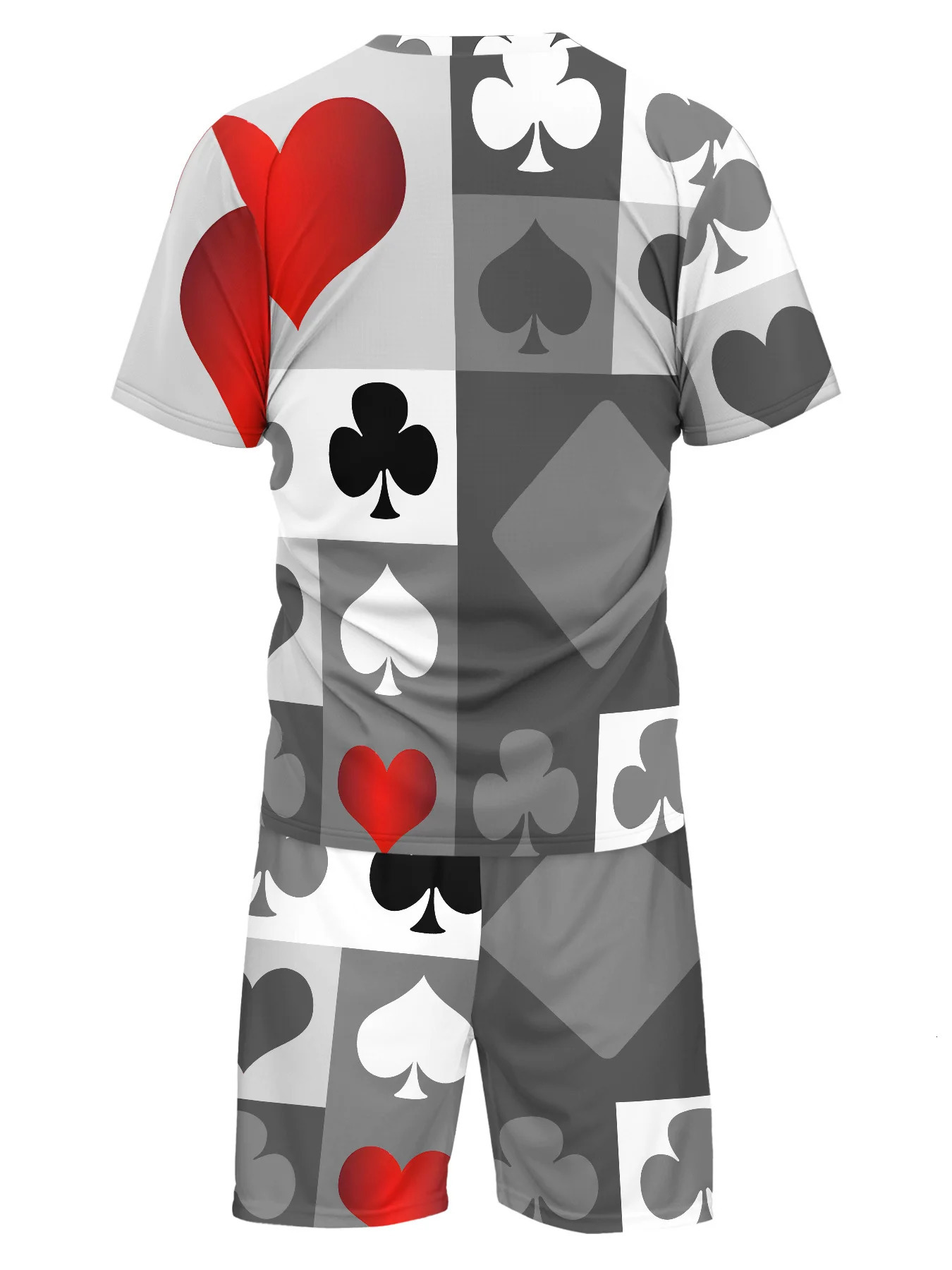 Mens Poker Card Symbol Printed Casual Clothing - Lightweight Polyester T-shirt and Shorts Set Crew Neck Opaque Knitted Fabric 250423