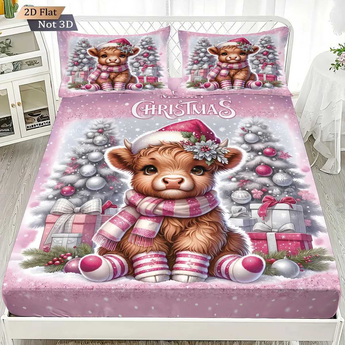 Christmas 3pcs Christmas Highland Cow Print Coreless Bed Sheet Set Multiple Size Bed Cover Bedroom Bedding Decoration Machine Washable Y251126