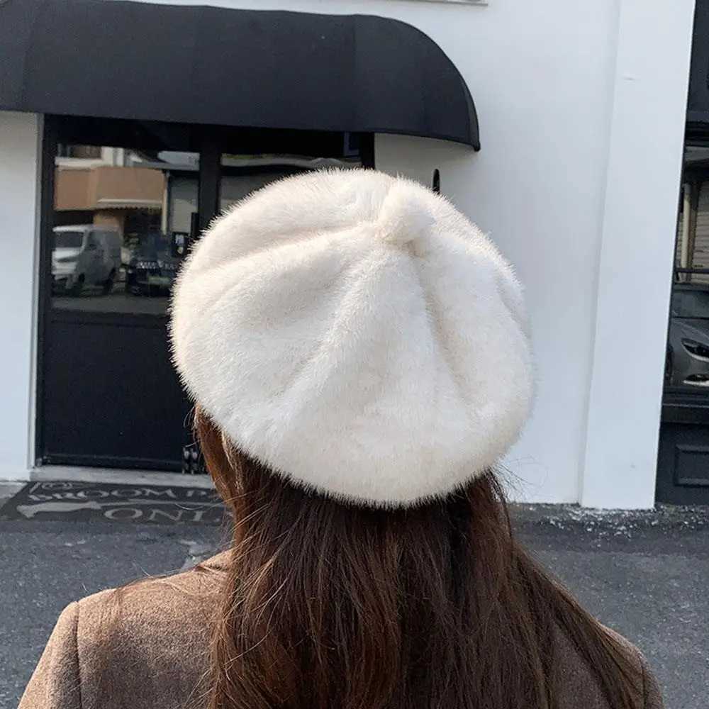 Elegant Plush Berets Outdoor Windproof Octagonal Cap Soft Fluffy Painter Hat Woolen Pumpkin Beanie Cap Imitation Mink Fur Hat J251125