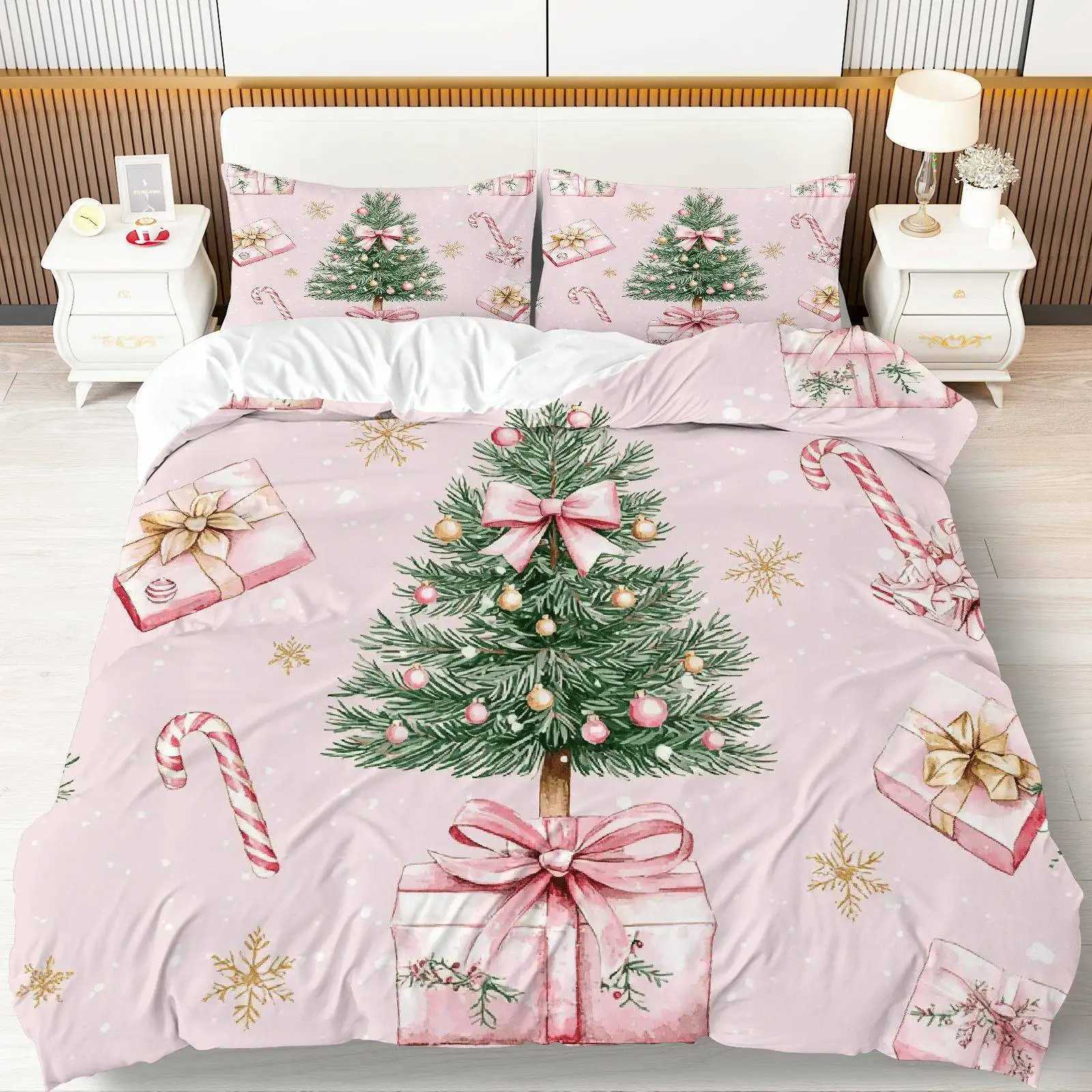 Christmas 3pcs Christmas Tree Candy Cane Duvet Cover Set - Soft Pink Golden Bedding with Zipper Closure All-Season Cozy Decorative Y251126