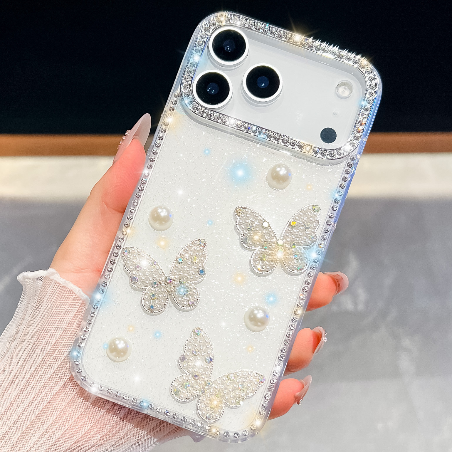Pearl Butterfly Phone Case Compatible with iPhone 17 Pro Max Shockproof Protective Case iPhone 16/15 Pro