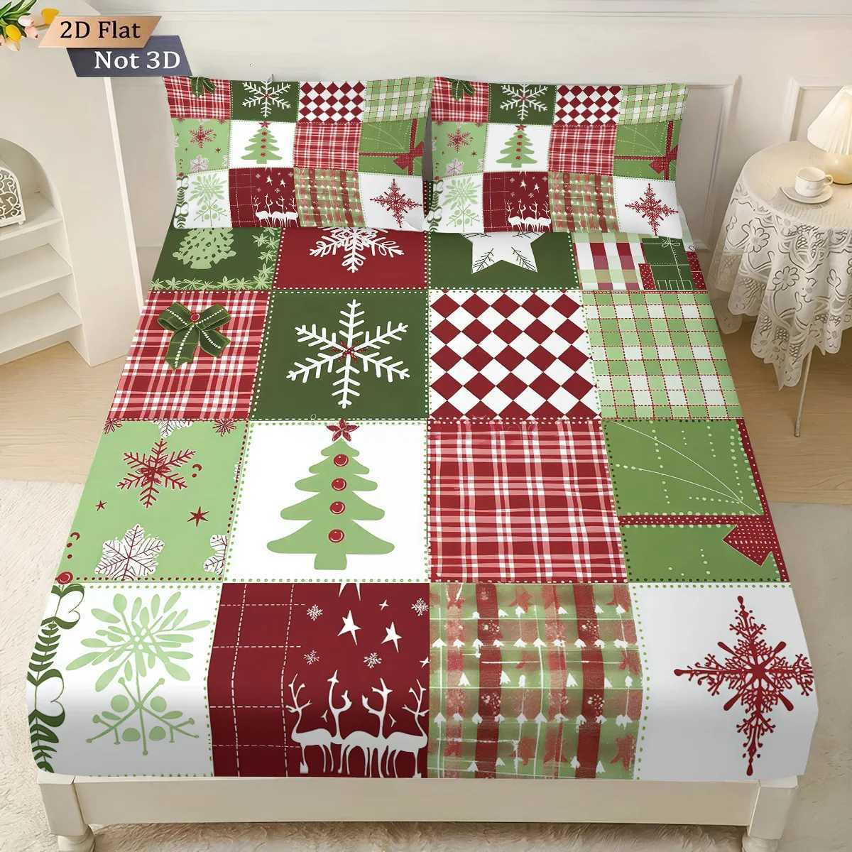 Christmas 3pcs fabric splicing Christmas element print coreless bed sheet set multi size soft bedcover bedroom bedding decoration Y251126
