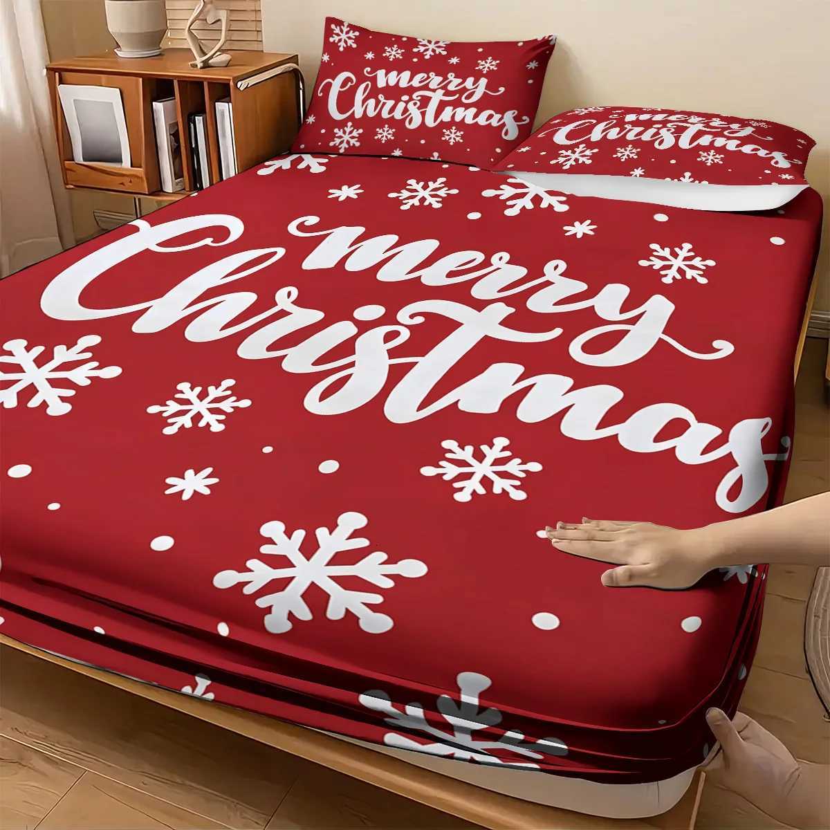 Christmas 3pcs Merry Christmas red print coreless Fitted Shee set multiple size soft bedcover bedroom bedding decorations machine washable Y251126