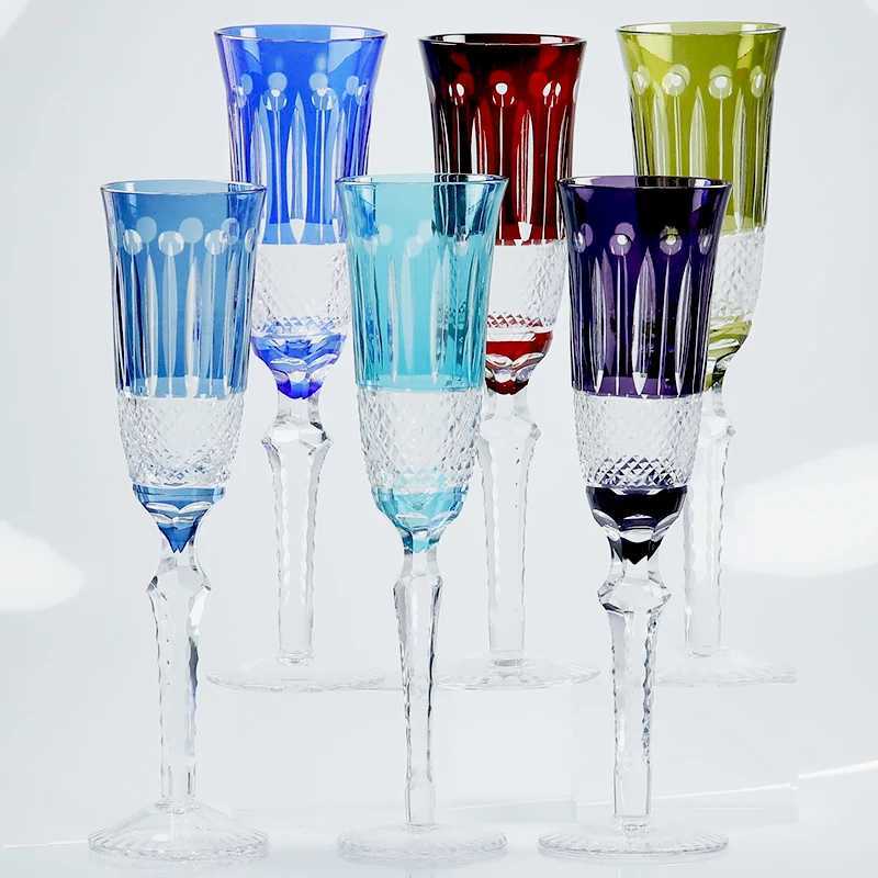 Antiques Style multi colored and hand cut glass crystal hock glass wine glasses with cut stem and base Home Bar Table Decor C251126