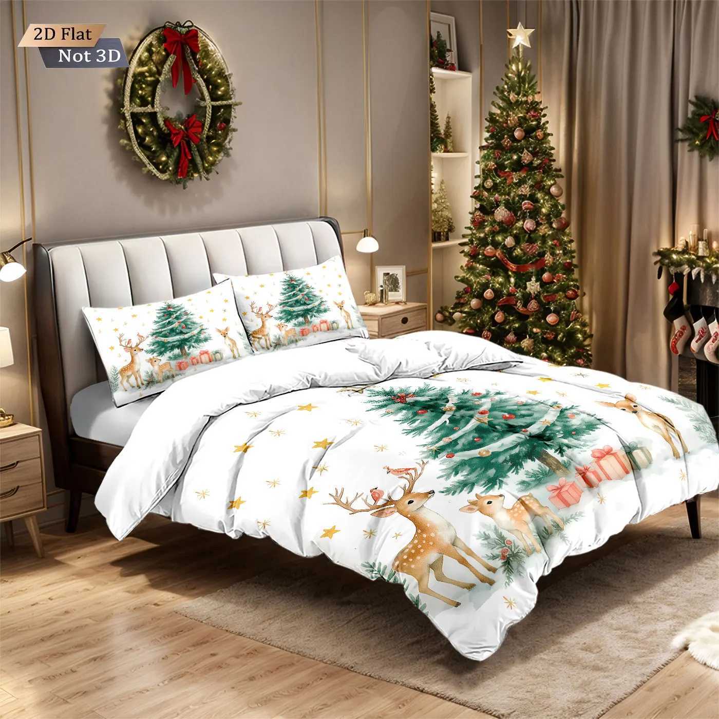 Christmas 3pcs Merry Christmas Cute Deer Printed Core Free Down Duvet Cover Multi Sized Bedroom Holiday Bed Decor Machine Washable Y251126