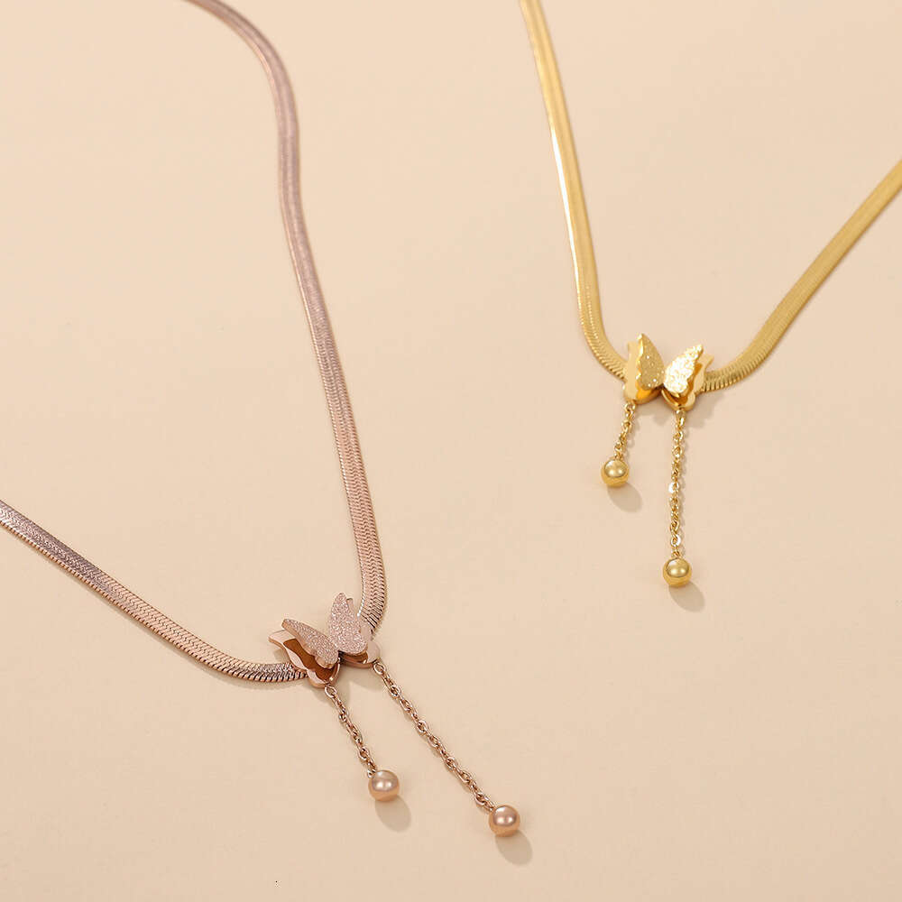 Niche stainless gold-plated frosted butterfly tassel thin chain pendant, fashionable snake bone chain, titanium steel necklace for women