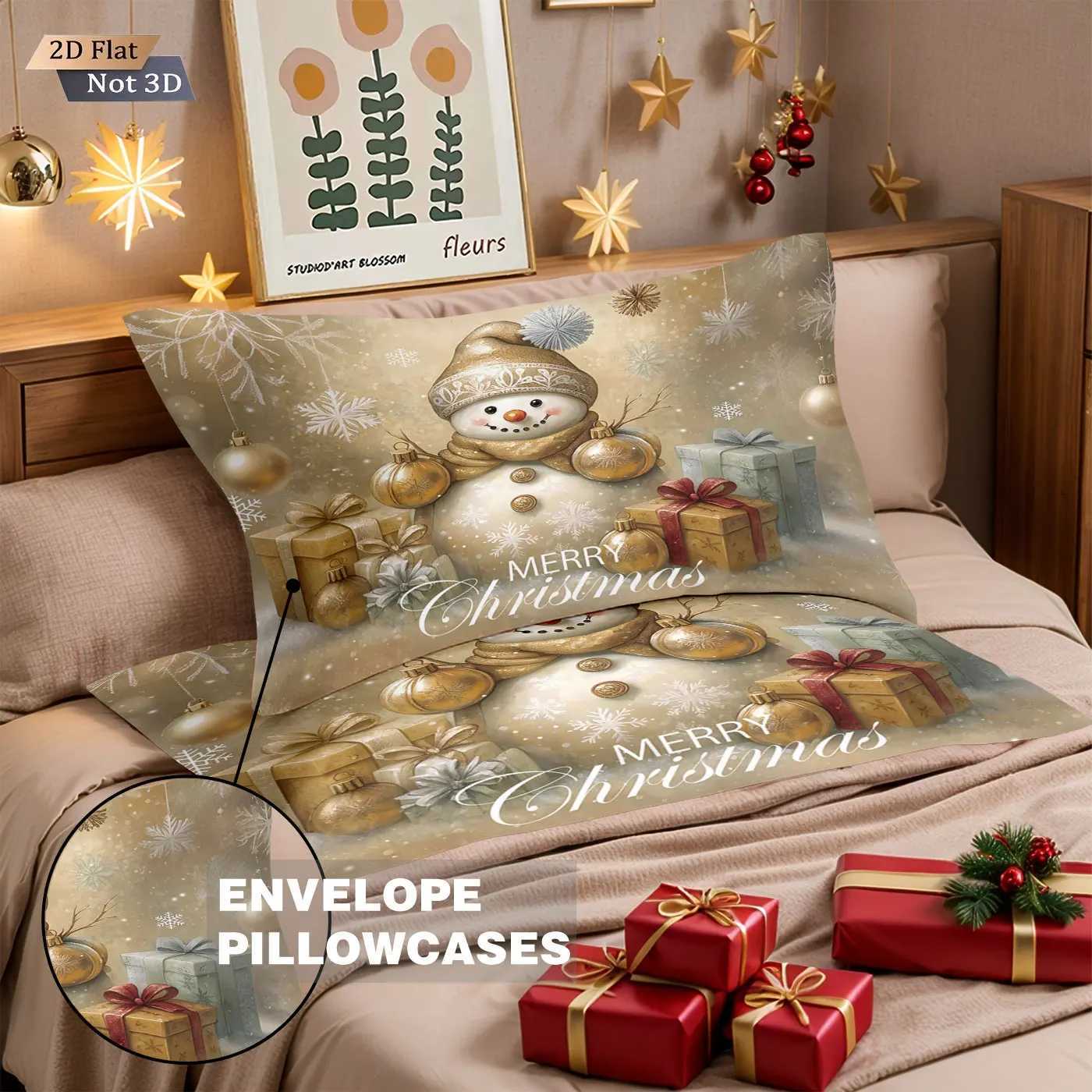 Christmas 3pcs Golden Christmas Snowman Printed Chipless Bedding Set Soft Dormitory Bedroom Multiple Sizes Machine Washable Y251126