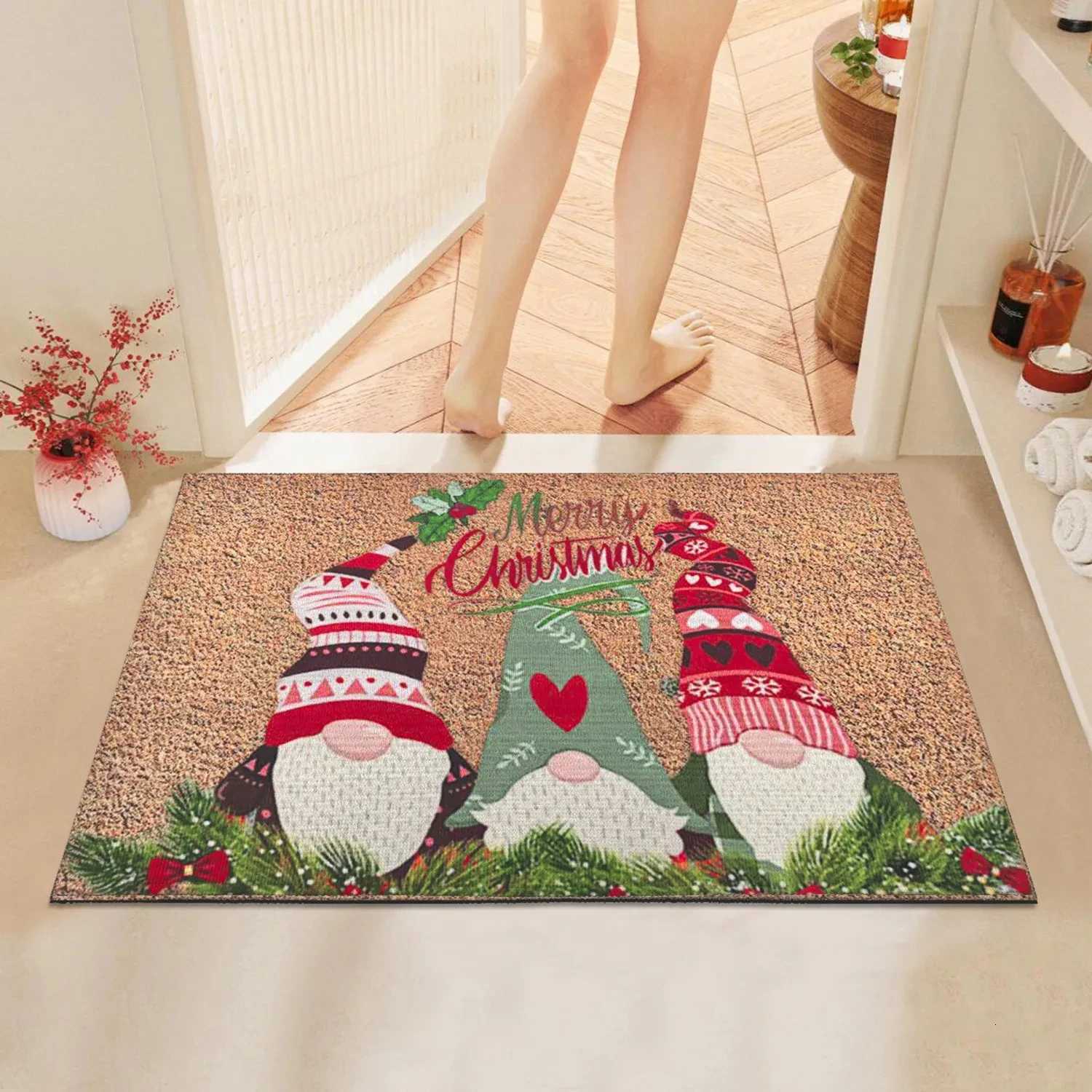 Cartoon Dwarf Door Christmas Carpet Red Santa Claus Coil Ring Mat Holiday Decoration Indoor and Outdoor Foot Mat Absorbent RugM251126