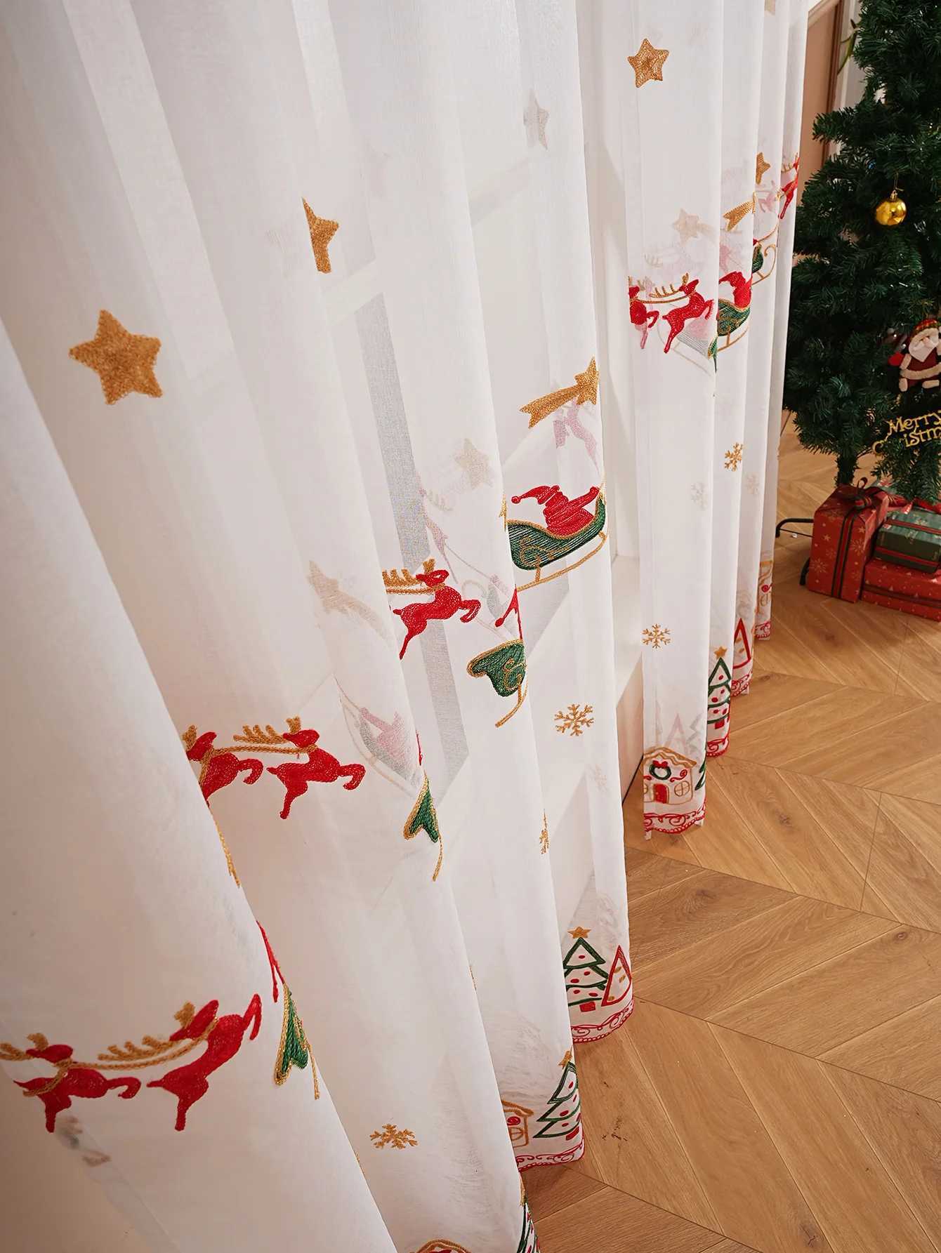 Christmas 1PC Christmas Reindeer Sleigh Embroidered Tulle Pole Curtain for Living Room Bedroom Holiday Party Decor Y251126