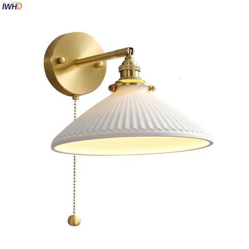 IWHD Nordic Ceramic LED Wall Light Fixtures Pull Chain Switch E14 Socket Copper Modern Beside Lamp Sconce Home Lighting Wandlamp M251126