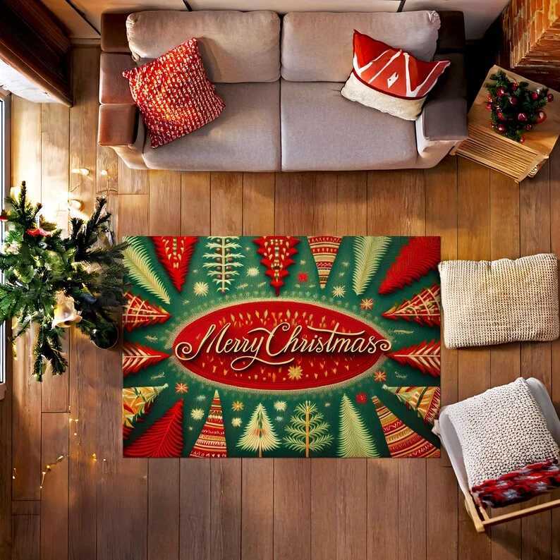 Christmas Rug with Golden Bow Washable Holiday Carpet Festive Non Slip Area Mat Gift Decoration for Living Room EntrywayM251126