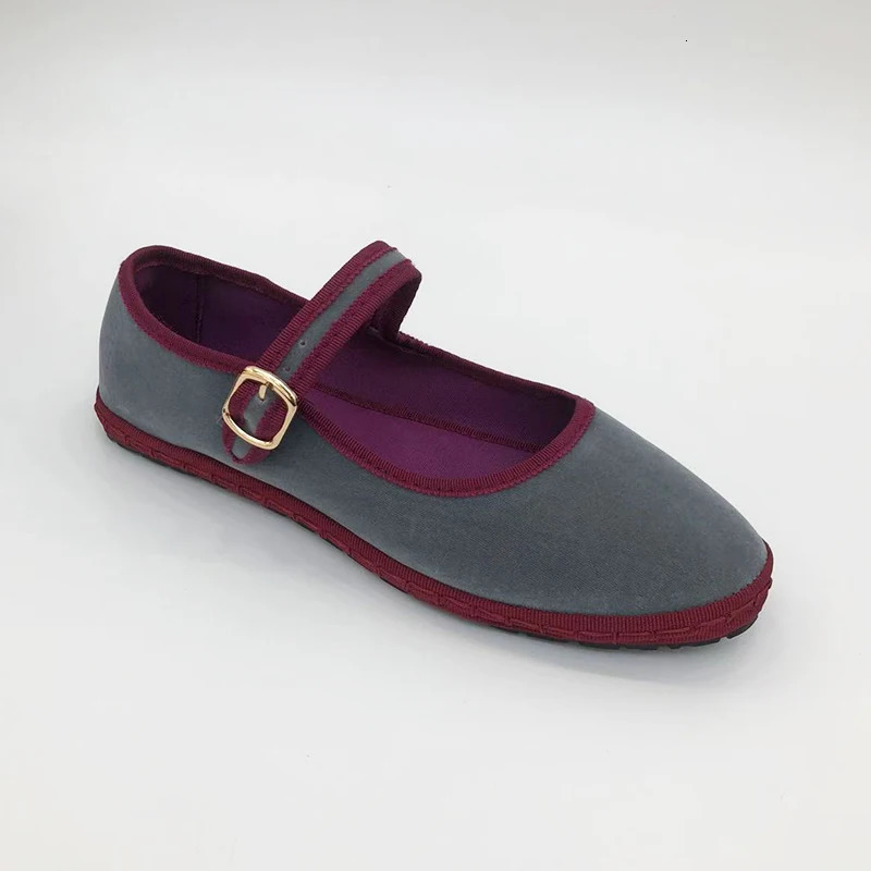 Gray Mary Jeans Flats Shoes Women Round Toe Hand Stitch Velvet Cloth Shoes Ladies Casual Soft Comfortable Ballet Shoes Loafers251126