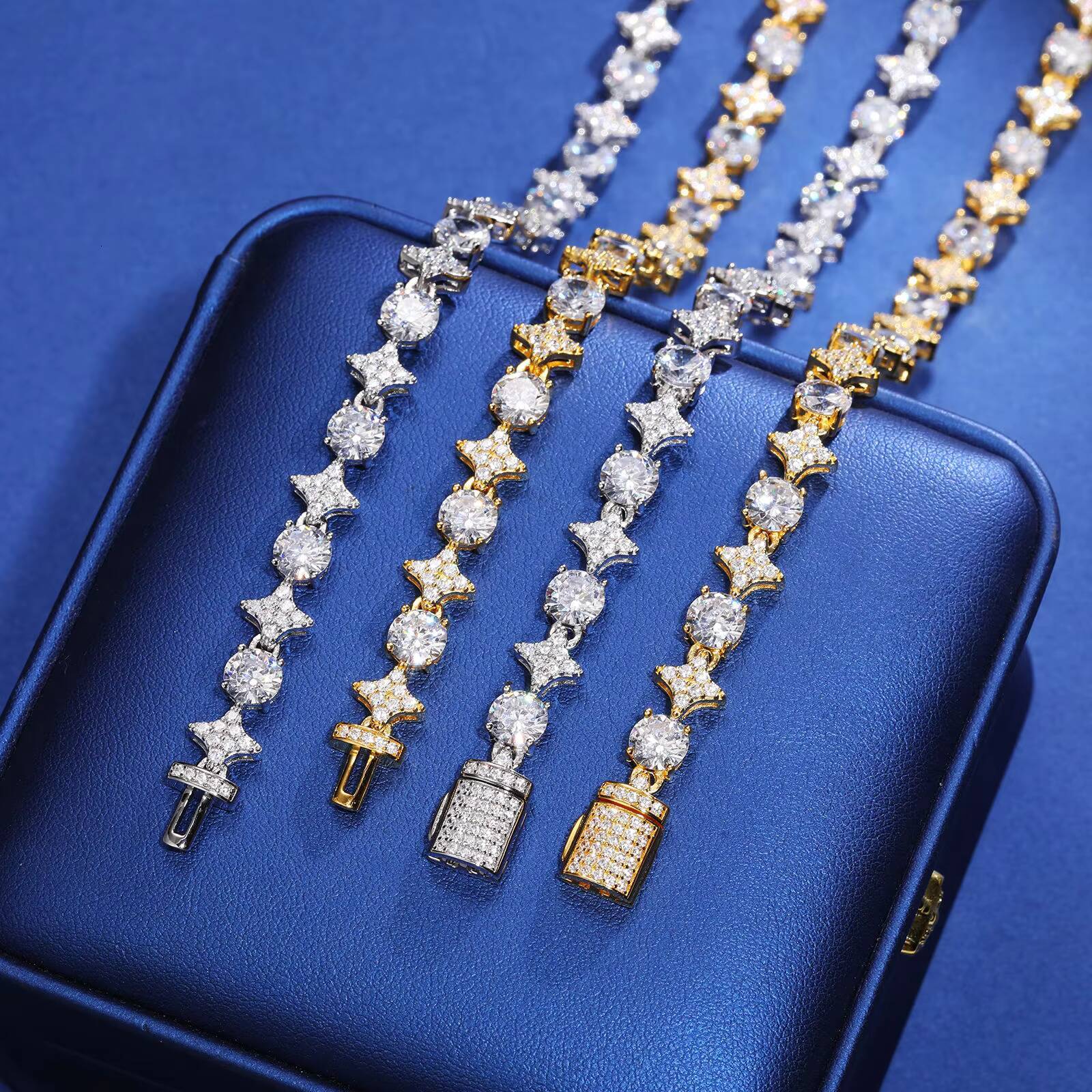 Dropshipping Valentines Day Gift 6mm 8mm 925 Sterling Silver VVS Moissanite Diamond Iced Star Cluster Tennis Chain Necklace