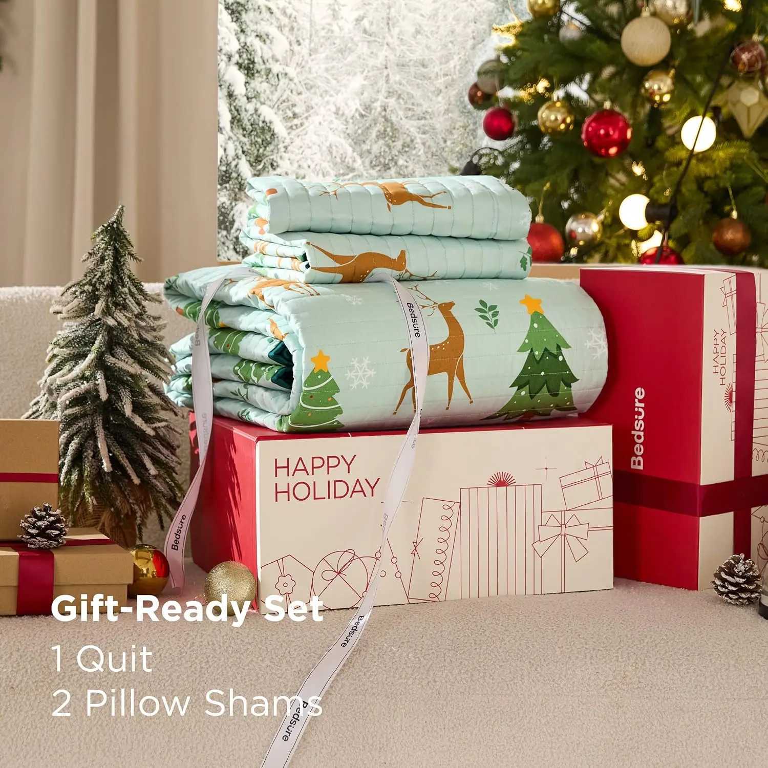 Christmas Christmas Quilt Bedding Set King Size Reversible Quilt Set with Christmas Tree and Reindeer Pattern Soft Microfiber Lightweight Y251126